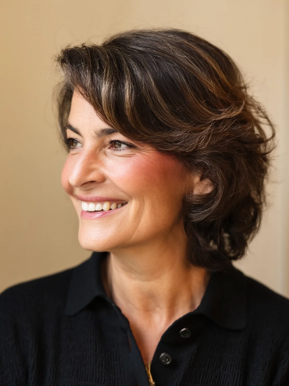 Short Layered Bob with Dark Brown and Silver Highlights